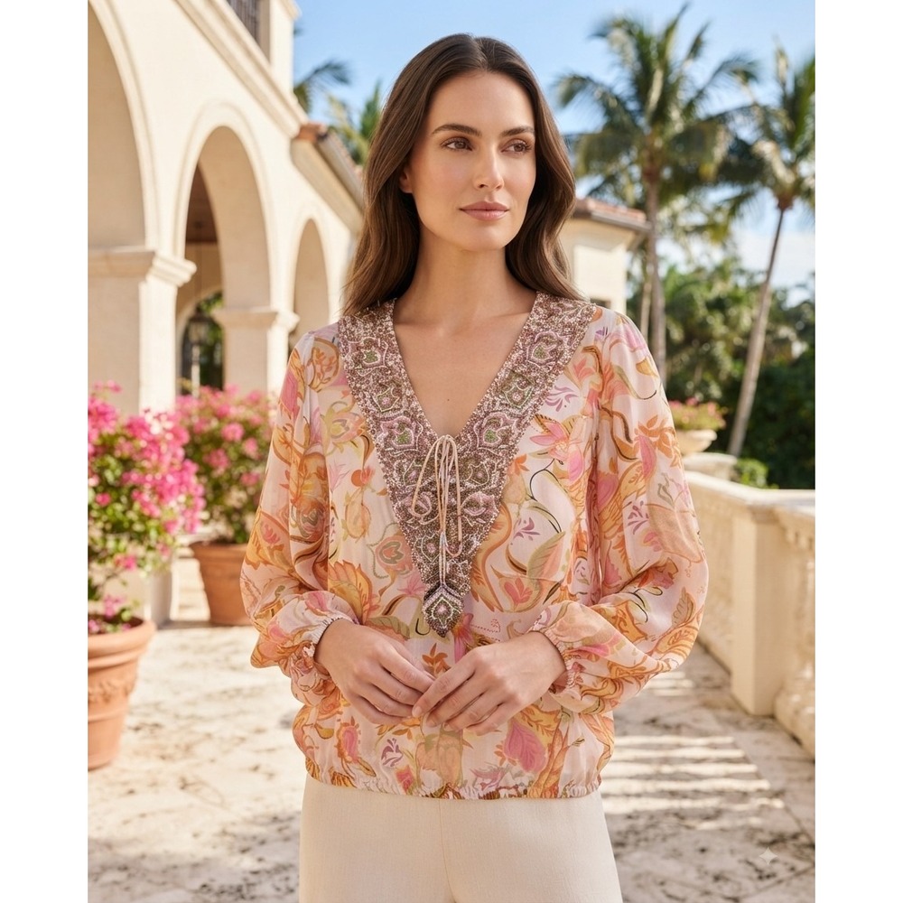 Taj by Sabrina Crippa Beaded Silk Floral Paisley Blouse Pink Orange VISTOP NWT M